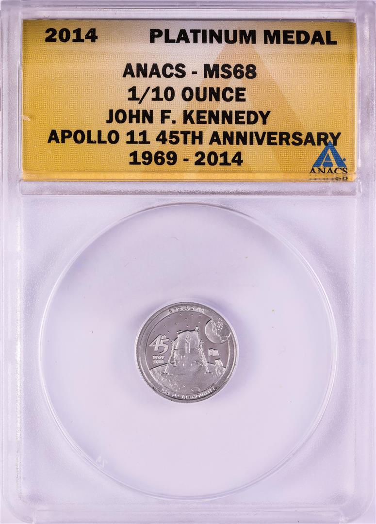 2014 Proof 1/10 oz Platinum JFK Apollo 11 Anniversary: One 2014 Proof 1/10 oz Platinum JFK Apollo 11 Anniversary Medal ANACS MS68. ANACS Certified.