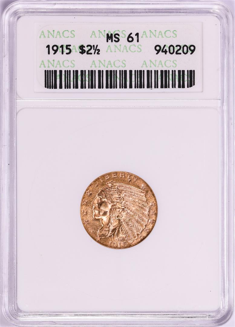 1915 $2 1/2 Indian Head Quarter Eagle Gold Coin ANACS: One 1915 $2 1/2 Indian Head Quarter Eagle Gold Coin ANACS MS61. ANACS Certified.