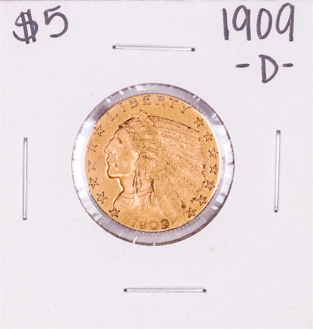 1909-D $5 Indian Head Half Eagle Gold Coin: One 1909-D $5 Indian Head Half Eagle Gold Coin.