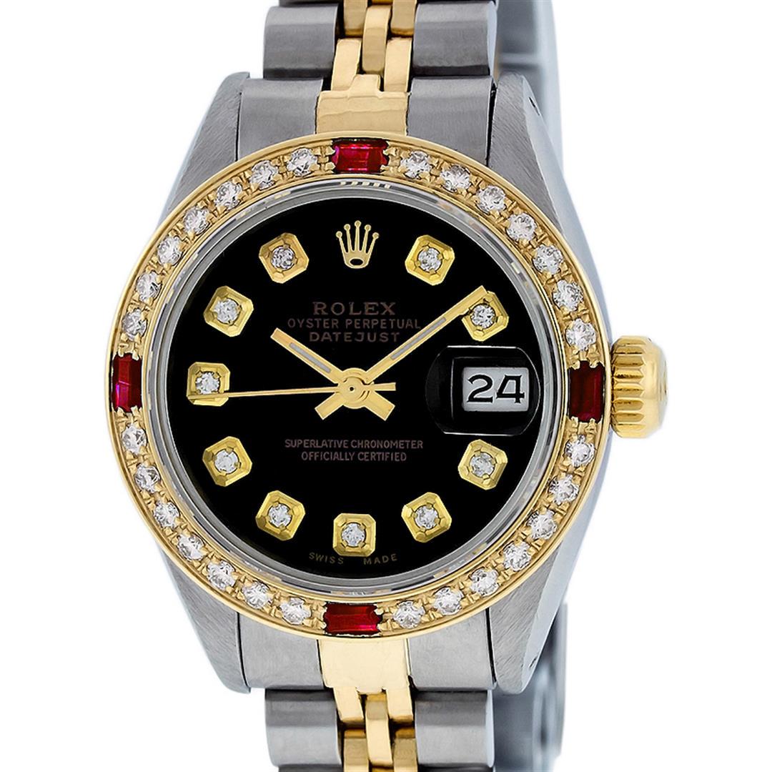 Rolex Ladies Two Tone Black Diamond & Ruby Oyster: One Ladies Two Tone Rolex Datejust Polished, Serviced & Electronically Tested, Yellow Gold & Stainless Steel Case: 26mm, Yellow Gold Crown, Custom Bezel: New 18K Yellow Gold Ruby Beadset Diamond Bezel