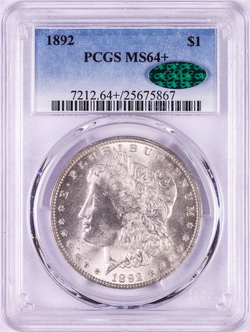 1892 $1 Morgan Silver Dollar Coin PCGS MS64+ CAC: One 1892 $1 Morgan Silver Dollar Coin PCGS MS64+ CAC. PCGS Graded.