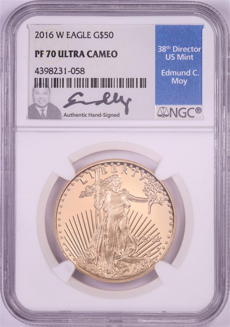 2016-W $50 Proof American Gold Eagle Coin NGC PF70: One 2016-W $50 Proof American Gold Eagle Coin NGC PF70 Ultra Cameo Edmund Moy Signature. NGC Certified.