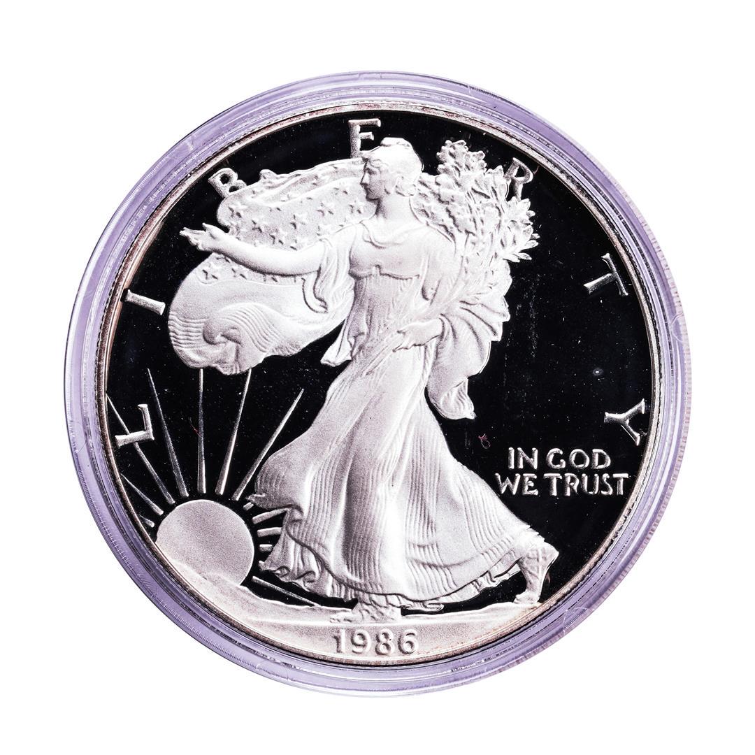 1986-S Proof $1 American Silver Eagle Coin: One 1986-S Proof $1 American Silver Eagle Coin.