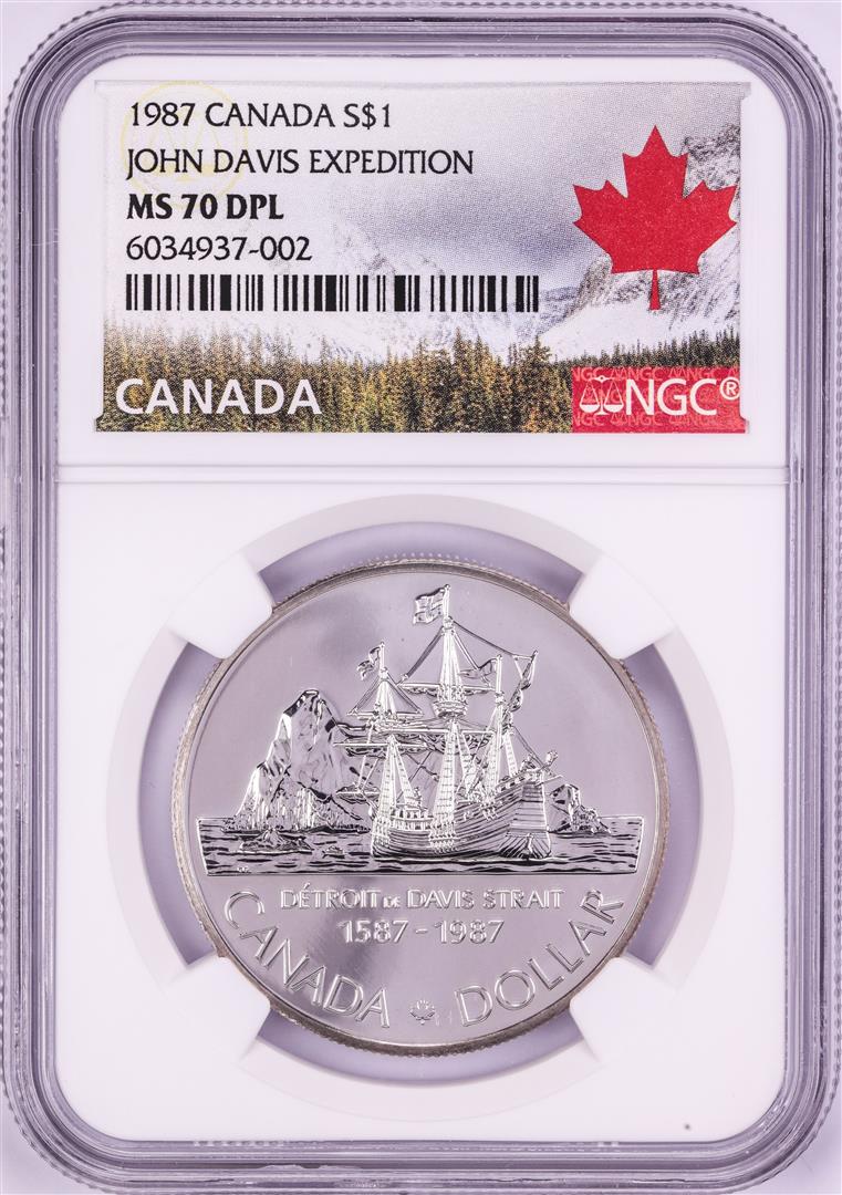 1987 $1 Canada John Davis Expedition Silver Dollar Coin NGC MS70 DPL: One 1987 $1 Canada John Davis Expedition Silver Dollar Coin NGC MS70 DPL. NGC Certified.