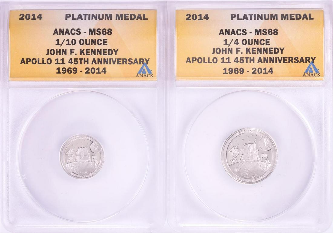 Set of 2014 Proof 1/10 & 1/4 oz Platinum JFK Apollo 11 Anniversary Medals ANACS MS68: One Set of 2014 Proof 1/10 & 1/4 oz Platinum JFK Apollo 11 Anniversary Medals ANACS MS68. ANACS Certified.