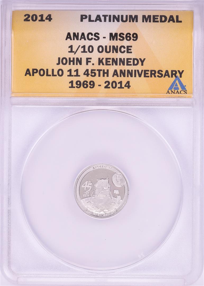 2014 Proof 1/10 oz Platinum JFK Apollo 11 Anniversary Medal ANACS MS69: One 2014 Proof 1/10 oz Platinum JFK Apollo 11 Anniversary Medal ANACS MS69. ANACS Certified.