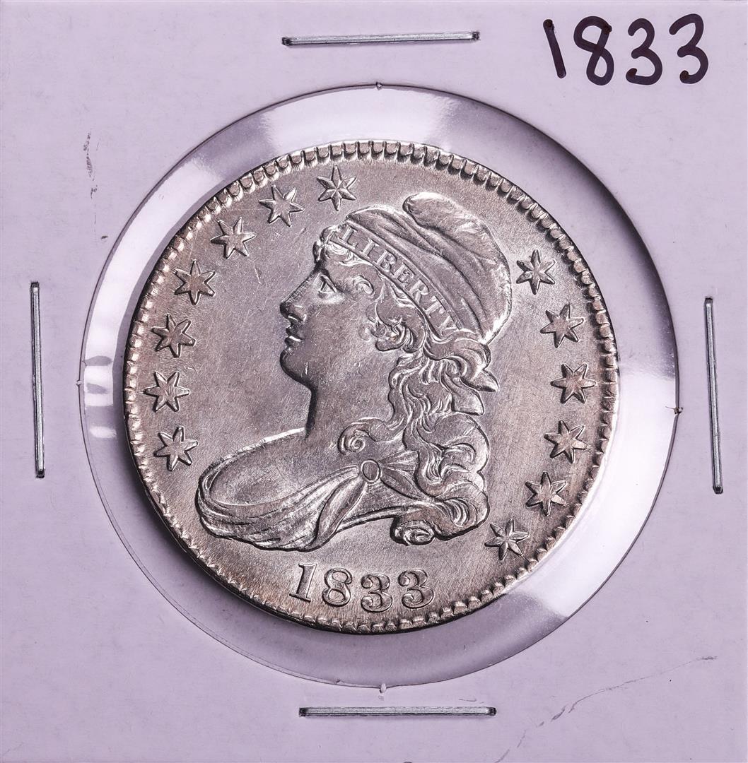 1833 Capped Bust Half Dollar Coin: One 1833 Capped Bust Half Dollar Coin.