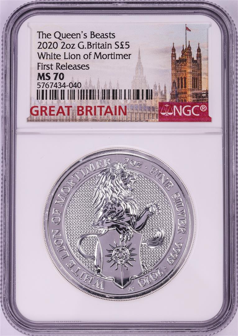 2020 Great Britain 5 Pounds The Queen's Beasts 2oz Silver Coin NGC MS70 First Releases: One 2020 Great Britain 5 Pounds The Queen's Beasts 2oz Silver Coin NGC MS70 First Releases. NGC Certified.
