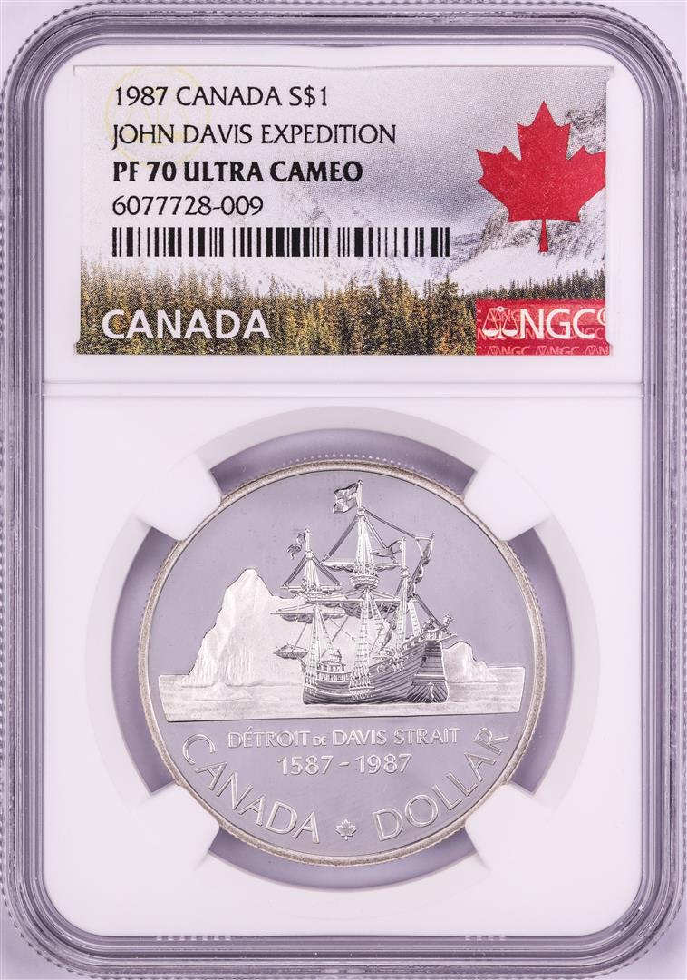 1987 $1 Canada Proof John Davis Expedition Silver Dollar Coin NGC PF 70 Ultra Cameo: One 1987 $1 Canada Proof John Davis Expedition Silver Dollar Coin NGC PF 70 Ultra Cameo. NGC Certified.