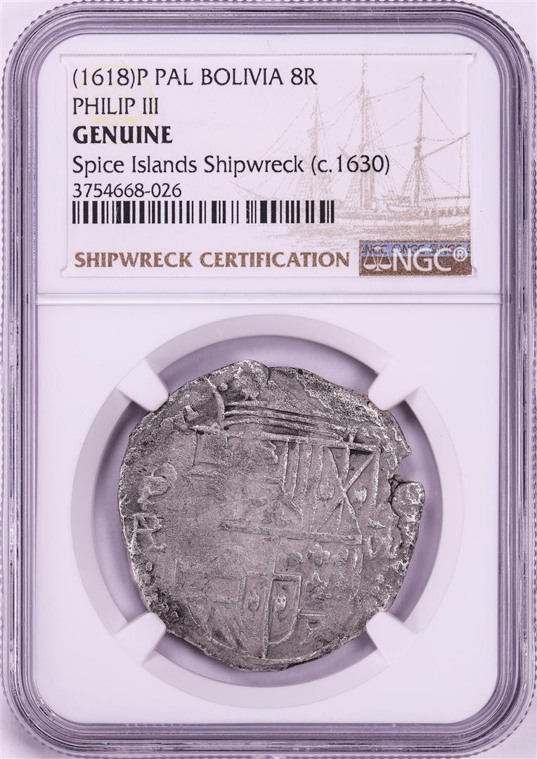 Spice Islands Shipwreck 1618P PAL Bolivia 8 Reales Philip III Silver Coin NGC Genuine: One Spice Islands Shipwreck 1618P PAL Bolivia 8 Reales Philip III Silver Coin NGC Genuine. NGC Certified.