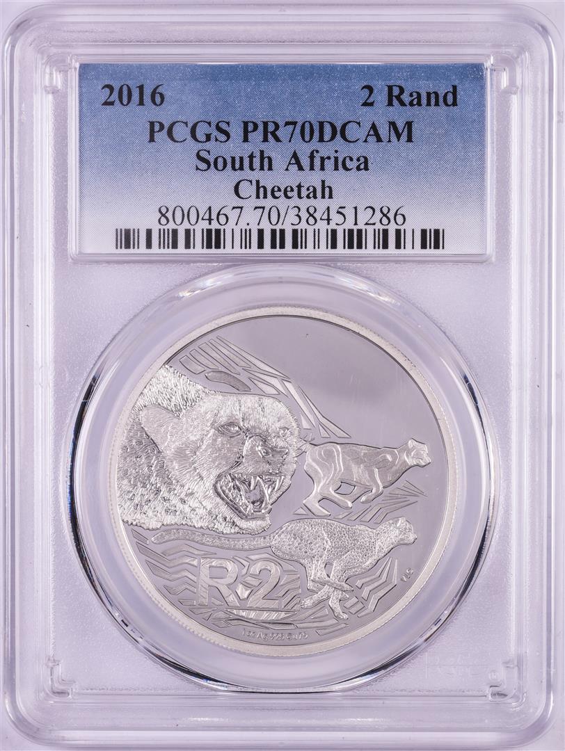 2016 Proof South Africa 2 Rand Cheetah Silver Coin PCGS PR70DCAM: One 2016 Proof South Africa 2 Rand Cheetah Silver Coin PCGS PR70DCAM. PCGS Graded.