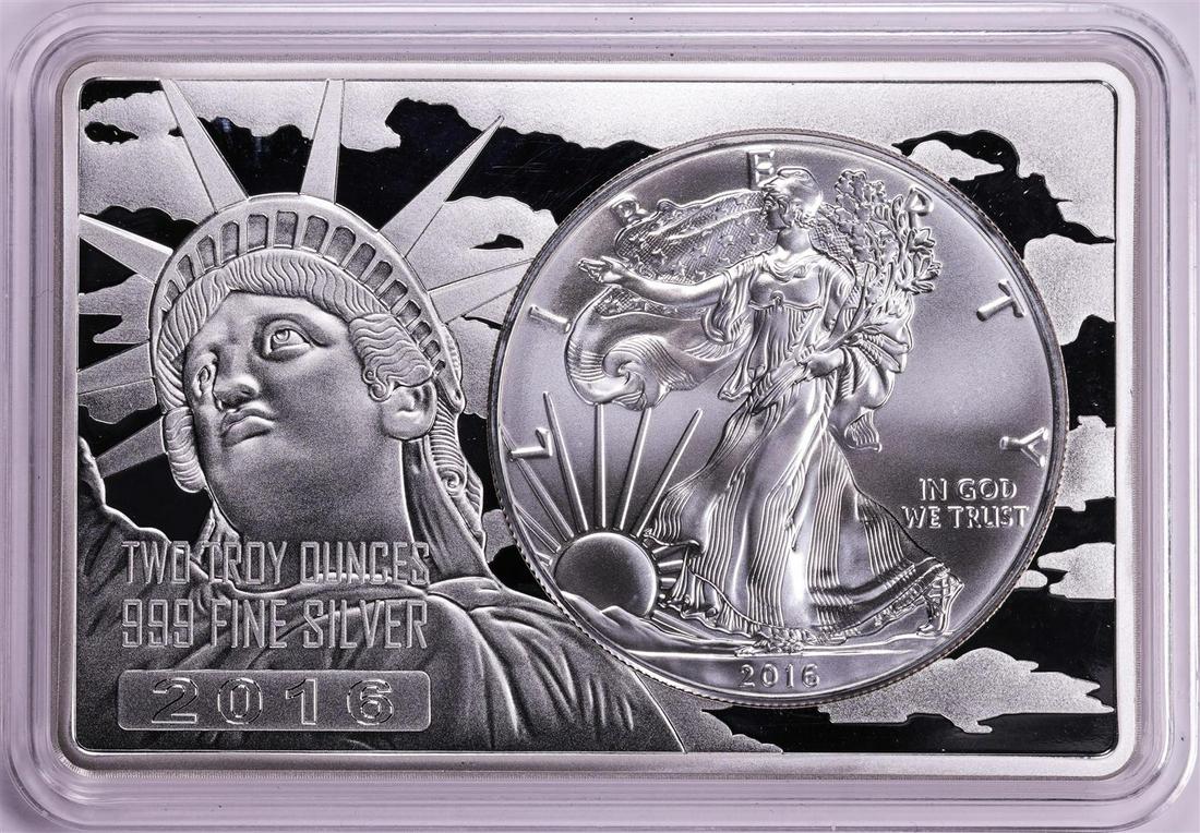 2016 $1 American Silver Eagle Coin & 2oz Silver Bar Set: One 2016 $1 American Silver Eagle Coin & 2oz Silver Bar Set.
