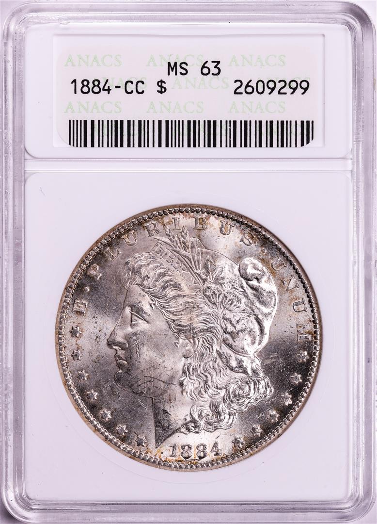 1884-CC $1 Morgan Silver Dollar Coin ANACS MS63 Old Soap Box Holder: One 1884-CC $1 Morgan Silver Dollar Coin ANACS MS63 Old Soap Box Holder. ANACS Certified.