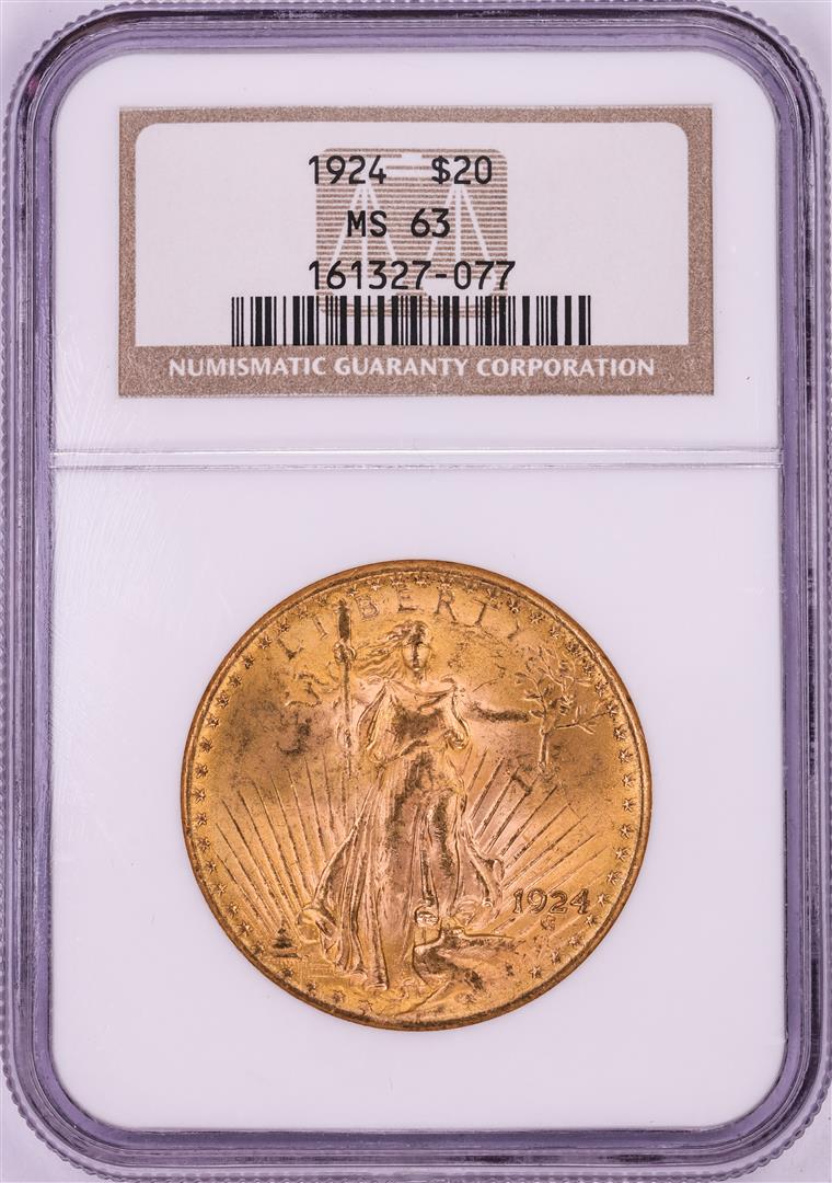 1924 $20 St. Gaudens Double Eagle Gold Coin NGC MS63: One 1924 $20 St. Gaudens Double Eagle Gold Coin NGC MS63. NGC Certified.