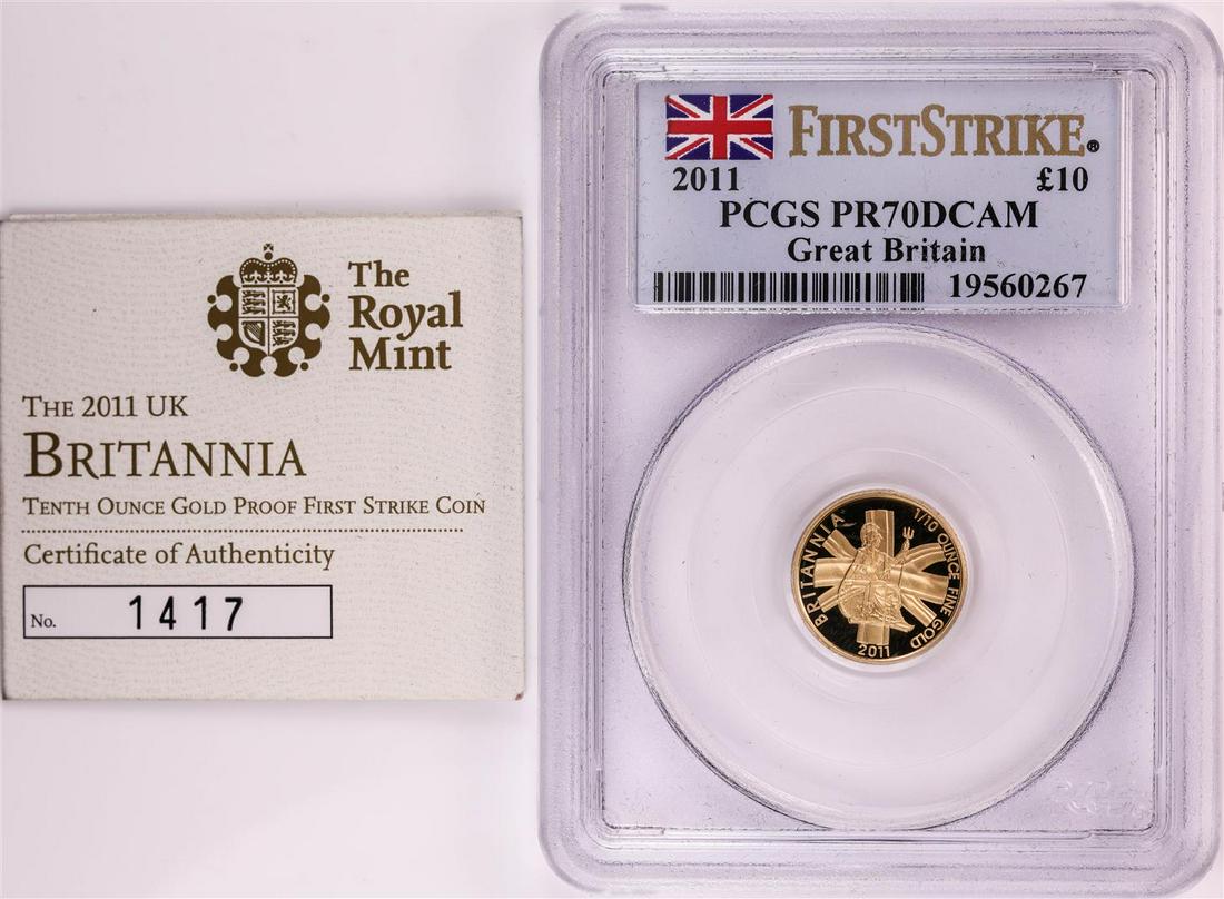 2011 Great Britain 10 Pounds Proof 1/10 oz Gold Coin PCGS PR70DCAM: One 2011 Great Britain 10 Pounds Proof 1/10 oz Gold Coin PCGS PR70DCAM. PCGS Graded.