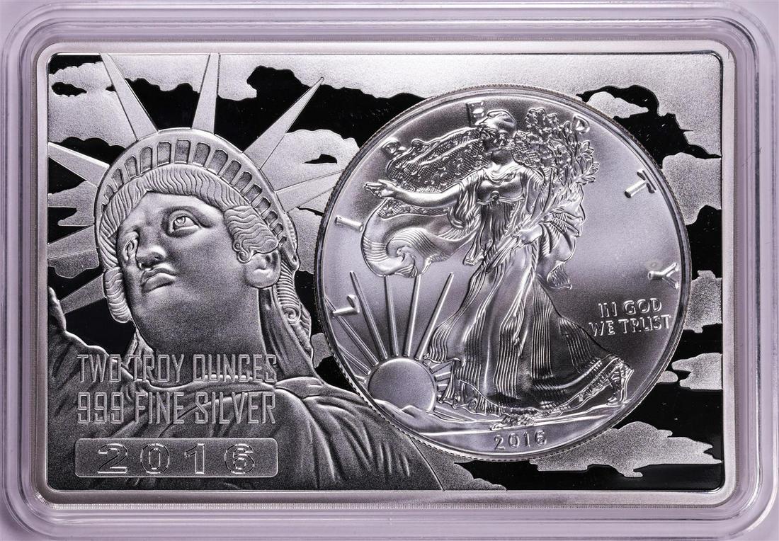 2016 $1 American Silver Eagle Coin & 2oz Silver Bar Set: One 2016 $1 American Silver Eagle Coin & 2oz Silver Bar Set.