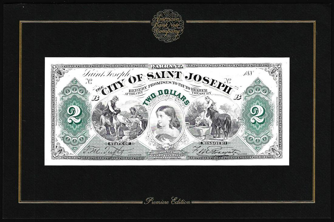1994 American Bank Note Company Intaglio Print City of Saint Joseph, MO: One 1994 American Bank Note Company Intaglio Print City of Saint Joseph, MO.