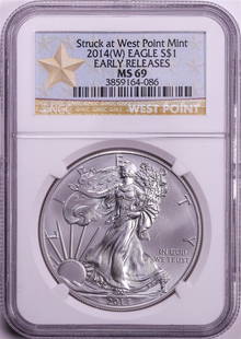 2014(W) $1 American Silver Eagle Coin NGC MS69 Early Releases West Point Mint: One 2014(W) $1 American Silver Eagle Coin NGC MS69 Early Releases West Point Mint. NGC Certified.
