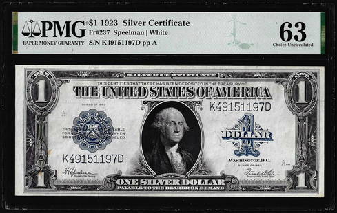 1923 $1 Silver Certificate Note Fr.237 PMG Choice Uncirculated 63: One 1923 $1 Silver Certificate Note Fr.237 PMG Choice Uncirculated 63. PMG Certified.