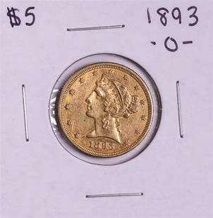 1893-O $5 Liberty Head Half Eagle Gold Coin: One 1893-O $5 Liberty Head Half Eagle Gold Coin.