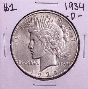 1934-D $1 Peace Silver Dollar Coin: One 1934-D $1 Peace Silver Dollar Coin.