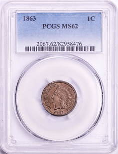 1863 Indian Head Cent Coin PCGS MS62: One 1863 Indian Head Cent Coin PCGS MS62. PCGS Graded.