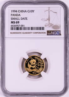 1994 Small Date China 10 Yuan Panda 1/10 oz. Gold Coin NGC MS69: One 1994 Small Date China 10 Yuan Panda 1/10 oz. Gold Coin NGC MS69. NGC Certified.