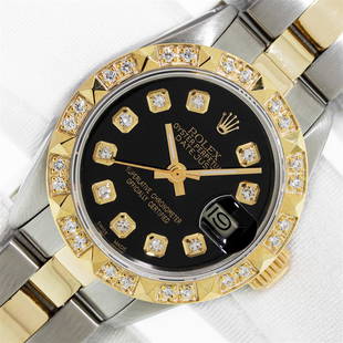 Rolex Ladies Two Tone Black Diamond Oyster Band Wristwatch: One Ladies Two Tone Rolex Datejust Polished, Serviced & Electronically Tested, Rolex Yellow Gold & Stainless Steel Case: 26mm, Rolex Yellow Gold Crown, Custom Bezel: New 18K Yellow Gold Diamond