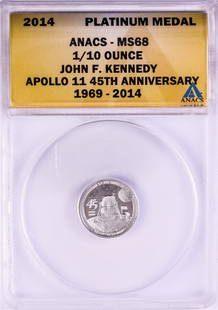 2014 Proof 1/10 oz Platinum JFK Apollo 11 Anniversary Medal ANACS MS68: One 2014 Proof 1/10 oz Platinum JFK Apollo 11 Anniversary Medal ANACS MS68. ANACS Certified.