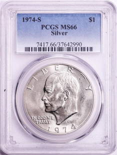 1974-S $1 Eisenhower Silver Dollar Coin PCGS MS66: One 1974-S $1 Eisenhower Silver Dollar Coin PCGS MS66. PCGS Graded.