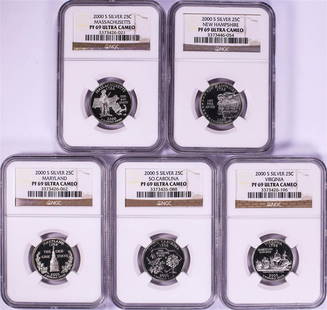 Set of (5) 2000-S Silver Proof State Quarter Coins NGC PF69 Ultra Cameo: One Set of (5) 2000-S Silver Proof State Quarter Coins NGC PF69 Ultra Cameo. NGC Certified.