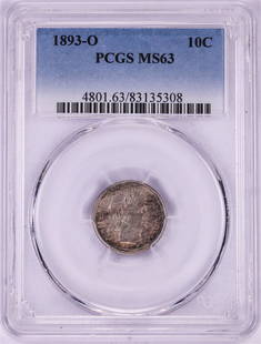 1893-O Barber Dime Coin PCGS MS63: One 1893-O Barber Dime Coin PCGS MS63. PCGS Graded.