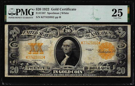 1922 $20 Gold Certificate Note Fr.1187 PMG Very Fine 25