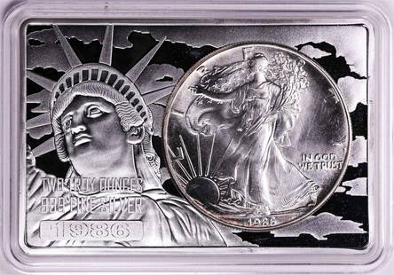 1986 $1 American Silver Eagle Coin & 2oz Silver Bar Set: One 1986 $1 American Silver Eagle Coin & 2oz Silver Bar Set.