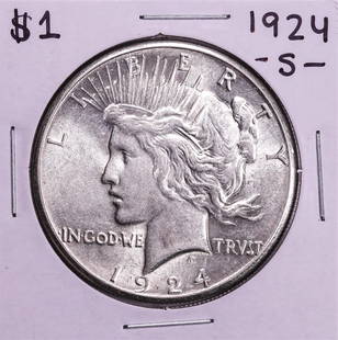 1924-S $1 Peace Silver Dollar Coin: One 1924-S $1 Peace Silver Dollar Coin.