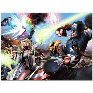 Marvel Comics "Ultimate Power #6" Limited Edition Giclee On Canvas: A piece of comic book history, this limited edition, from original art by Greg Land, depicts Scarlet Witch, Captain America, Thing, Wasp, Shadowcat, Power Princess, Arcanna, Dr. Spectrum, Nighthawk,