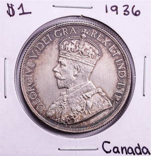 1936 $1 Canada George V Silver Dollar Coin: One 1936 $1 Canada George V Silver Dollar Coin.