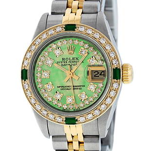 Rolex Ladies Two Tone MOP Diamond & Emerald Oyster Perpetual Datejust Watch: One Ladies Two Tone Rolex Datejust Polished, Serviced & Electronically Tested, Yellow Gold & Stainless Steel Case: 26mm, Yellow Gold Crown, Custom Bezel: New 18K Yellow Gold Emerald Beadset Diamond