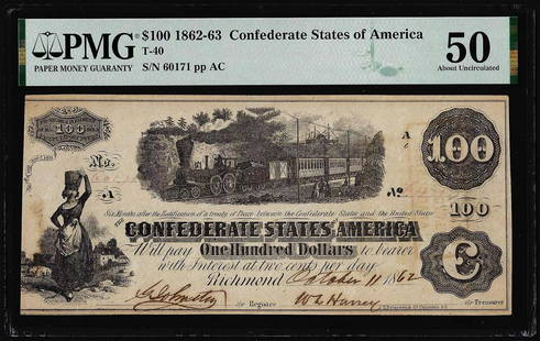 1862-63 $100 Confederate States of America Note T-40 PMG About Uncirculated 50: One 1862-63 $100 Confederate States of America Note T-40 PMG About Uncirculated 50. PMG Certified.