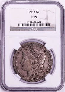 1896-S $1 Morgan Silver Dollar Coin NGC F15: One 1896-S $1 Morgan Silver Dollar Coin NGC F15. NGC Certified.