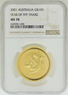 2001 $100 Australia Year of the Snake Gold Coin NGC MS70: One 2001 $100 Australia Year of the Snake Gold Coin NGC MS70 . NGC Certified.