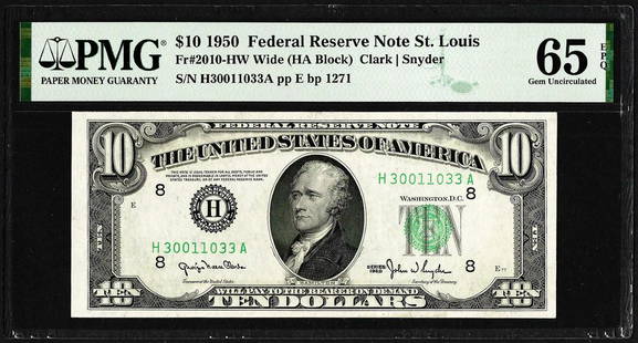 1950 $10 Federal Reserve Note St. Louis Fr.2010-HW PMG Gem Uncirculated 65EPQ: One 1950 $10 Federal Reserve Note St. Louis Fr.2010-HW PMG Gem Uncirculated 65EPQ. PMG Certified.