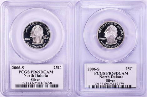 Lot of (2) 2006-S Proof Silver North Dakota State Quarter Coins PCGS PR69DCAM: One Lot of (2) 2006-S Proof Silver North Dakota State Quarter Coins PCGS PR69DCAM.