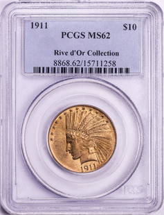 1911 $10 Indian Head Eagle Gold Coin PCGS MS62: One 1911 $10 Indian Head Eagle Gold Coin PCGS MS62. PCGS Graded.