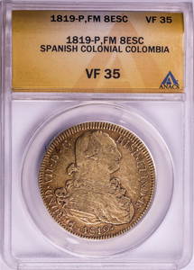 1819-P FM Colombia 8 Escudos Ferdinand VII Spanish Colonial Gold Coin ANACS VF35