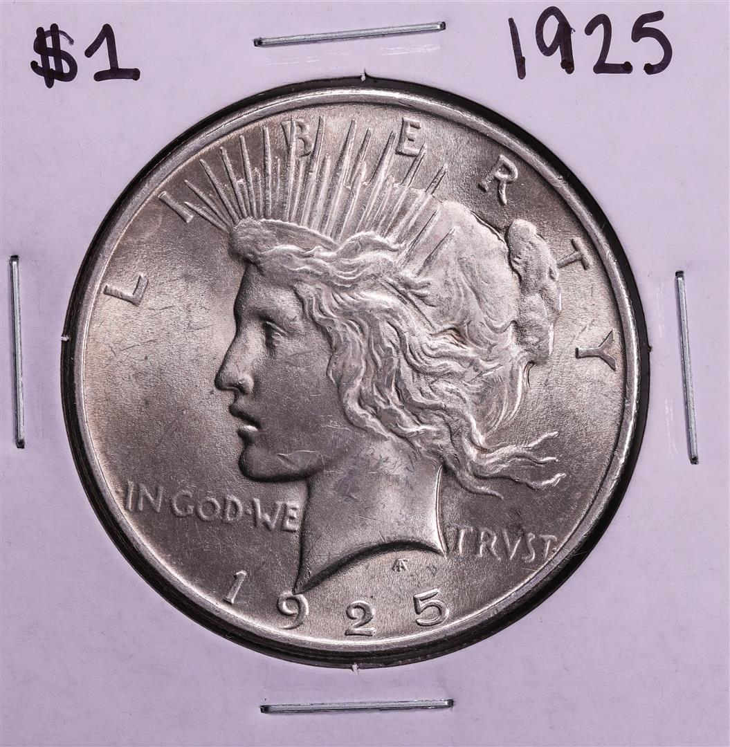 1925 $1 Peace Silver Dollar Coin: One 1925 $1 Peace Silver Dollar Coin.