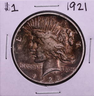 1921 $1 Peace Silver Dollar Coin: One 1921 $1 Peace Silver Dollar Coin.