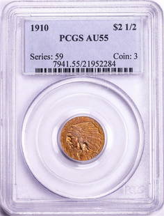1910 $2 1/2 Indian Head Quarter Eagle Gold Coin PCGS AU55: One 1910 $2 1/2 Indian Head Quarter Eagle Gold Coin PCGS AU55. PCGS Graded.
