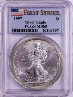 1997 $1 American Silver Eagle Coin PCGS MS68 First Strike: One 1997 $1 American Silver Eagle Coin PCGS MS68 First Strike. PCGS Graded.