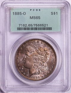 1885-O $1 Morgan Silver Dollar Coin PCGS MS65 Old Green Holder Nice Toning: One 1885-O $1 Morgan Silver Dollar Coin PCGS MS65 Old Green Holder Nice Toning. PCGS Graded.